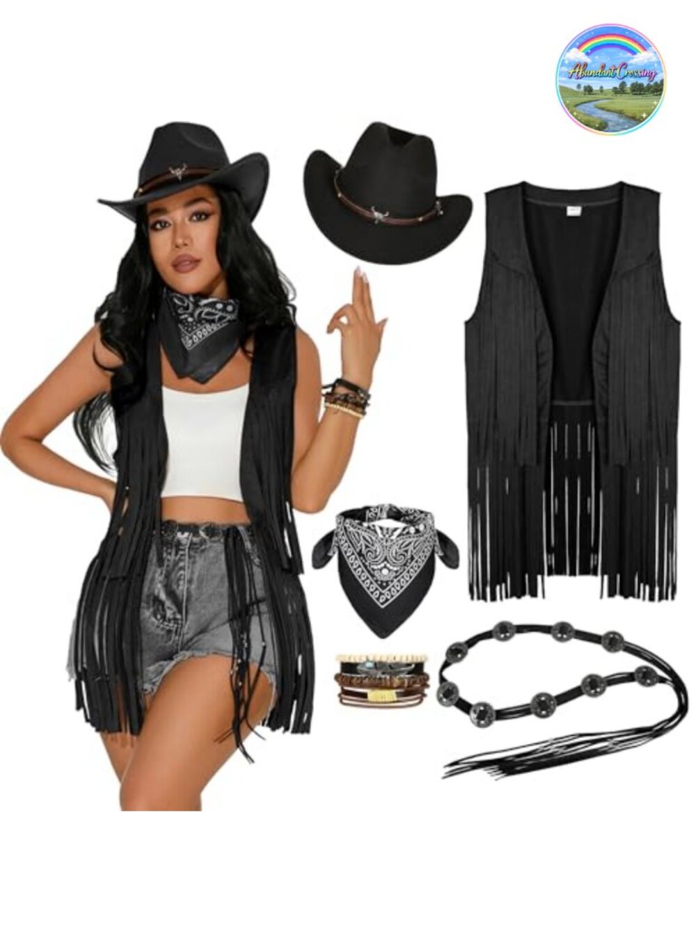 Western Cowgirl Costume 5pc Fringe Vest Hat Scarf Belt Bracelet